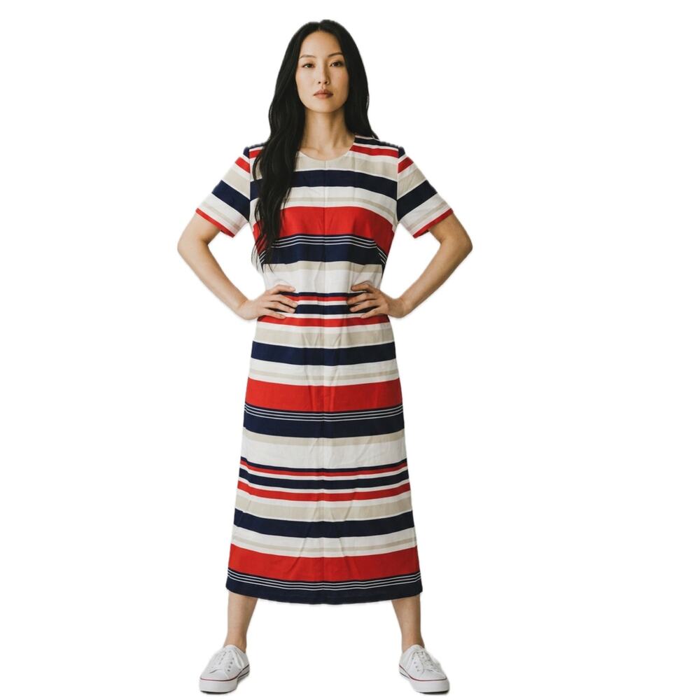 Vintage Nautical Stripe Midi Dress Sailor Minimalist Coastal Grandmother L
 -